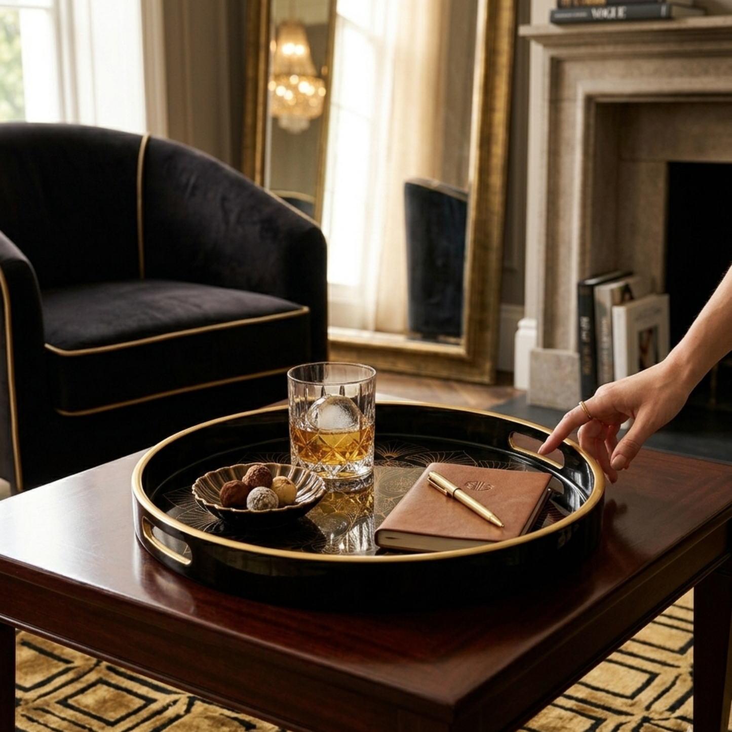 Luxury Black & Gold Round Serving Tray – Premium Decorative Enamel Tray with Handles