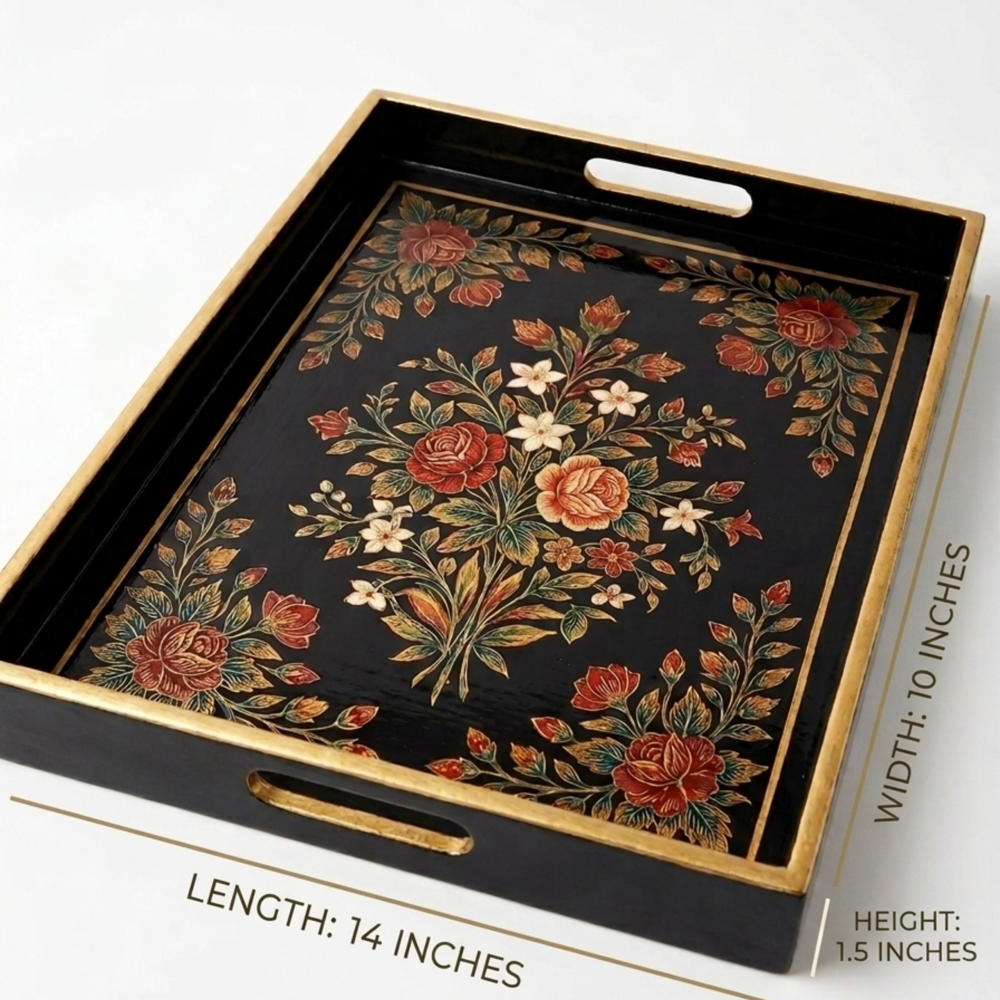 Botanical Enamel Serving Tray | Heritage Black & Gold Accents | 16x10 Inches