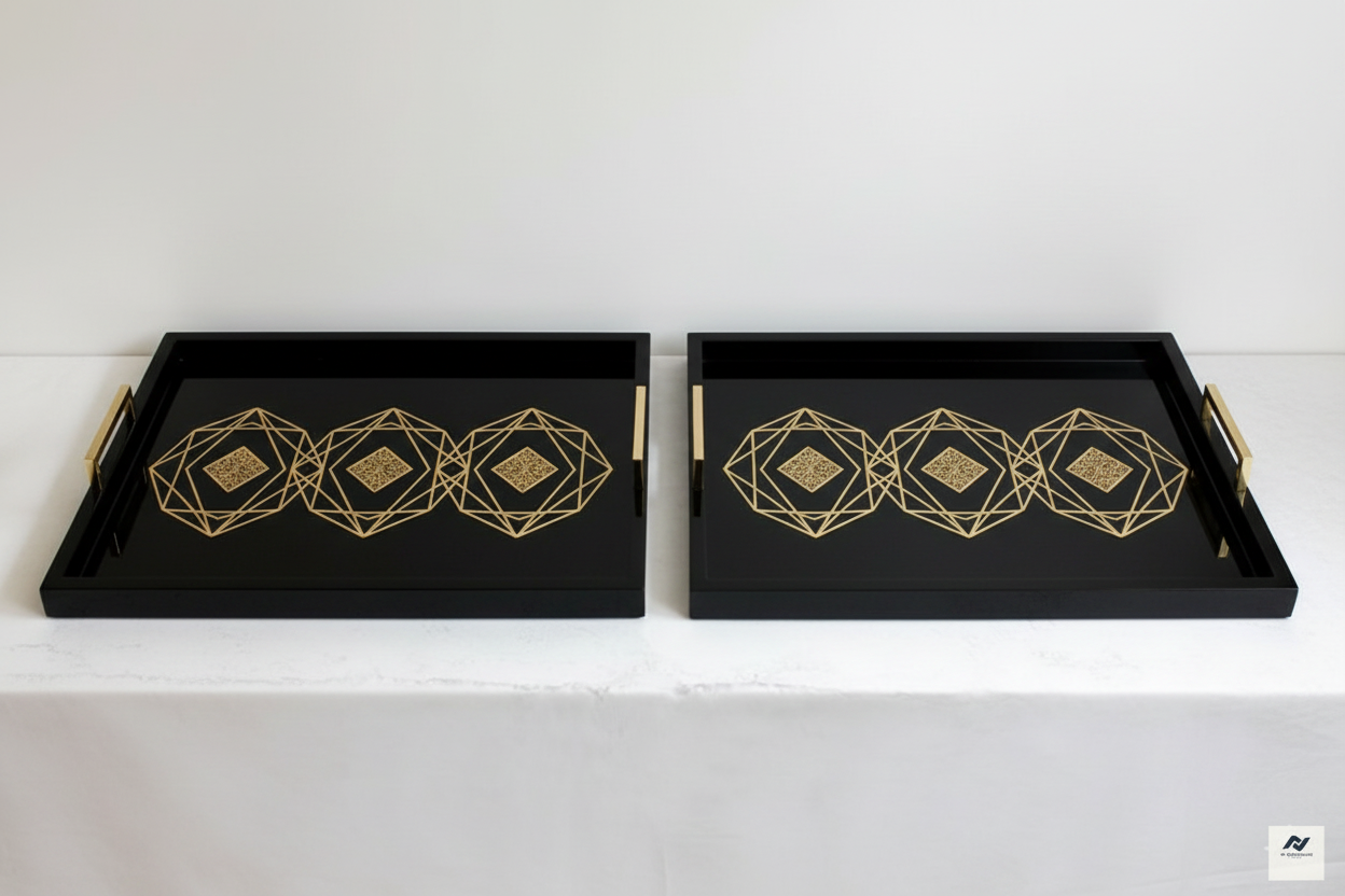 Luxury Black & Gold Geometric Serving Tray – Premium Decorative Metal Serving Tray