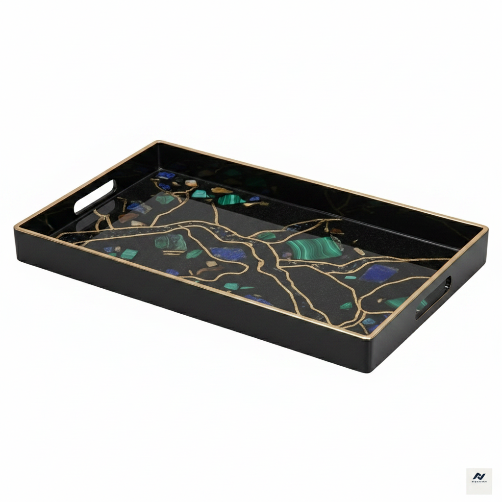 Modern Art Enamel & Stone Inlay Serving Tray Set | Luxury Black & Gold Decor