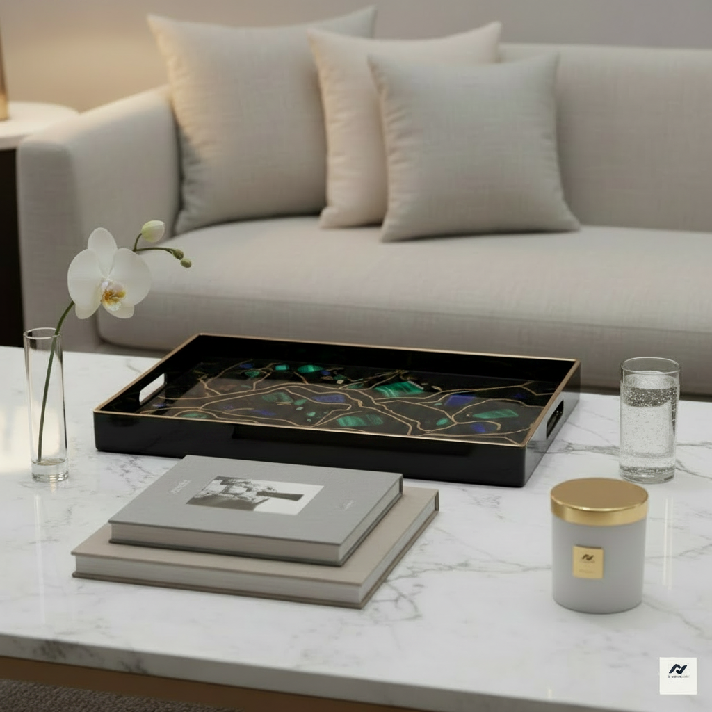 Modern Art Enamel & Stone Inlay Serving Tray Set | Luxury Black & Gold Decor