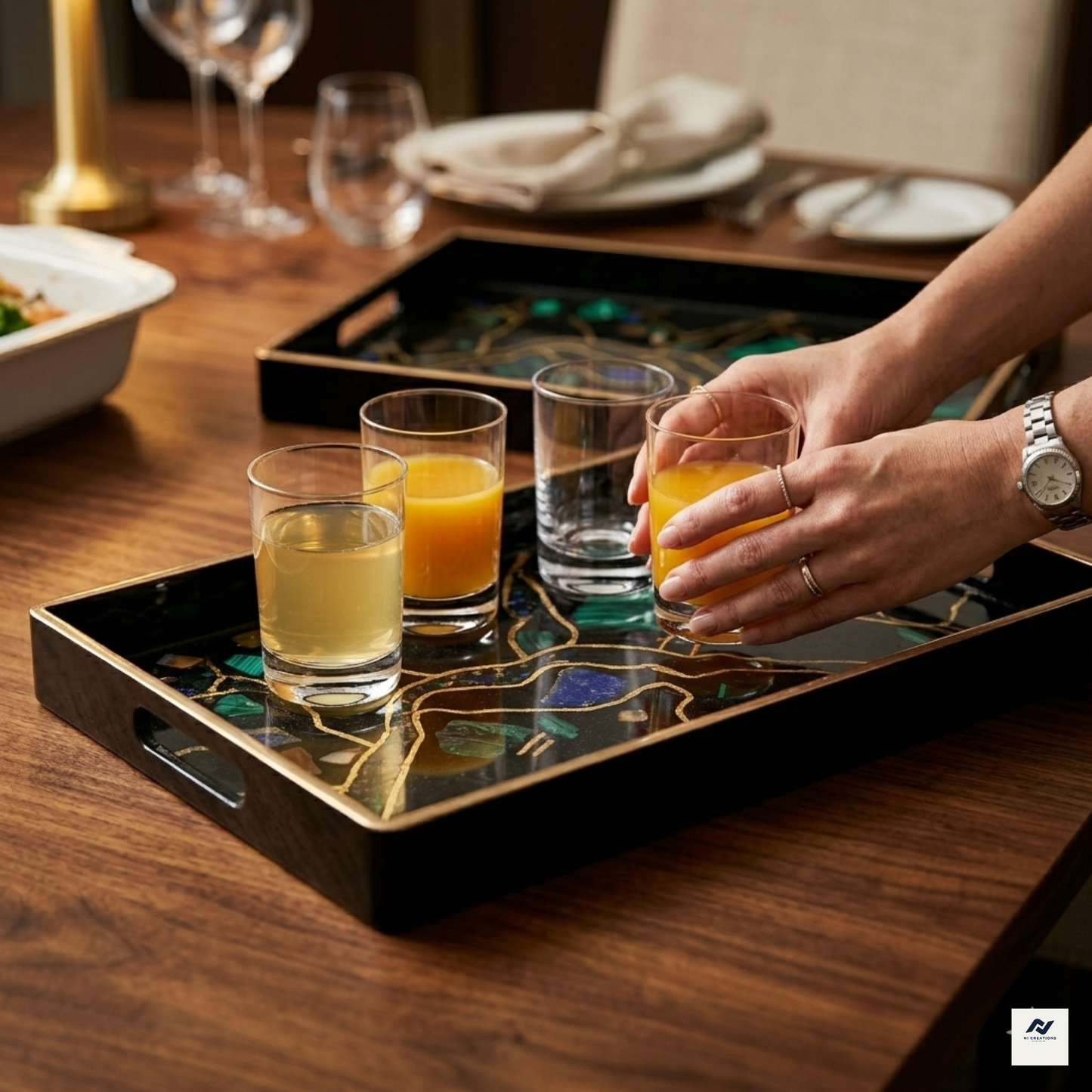 Modern Art Enamel & Stone Inlay Serving Tray Set | Luxury Black & Gold Decor