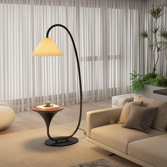Modern Smart Wood & Metal Standing Floor Lamp with Table – Fabric Shade | Bedroom & Living Room Side Table Lamp