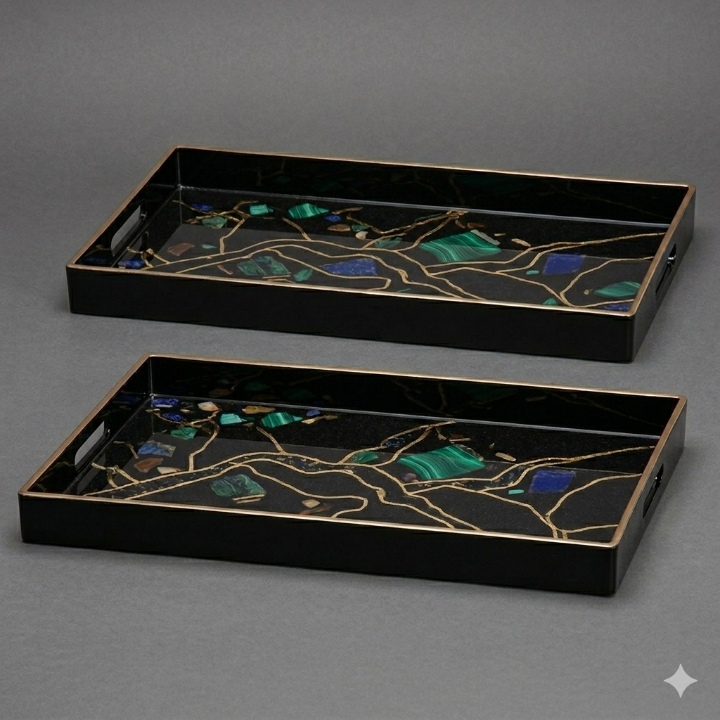 Modern Art Enamel & Stone Inlay Serving Tray Set | Luxury Black & Gold Decor