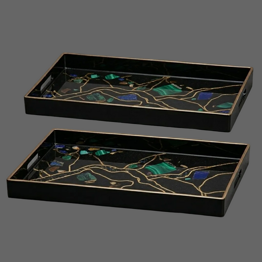 Modern Art Enamel & Stone Inlay Serving Tray Set | Luxury Black & Gold Decor