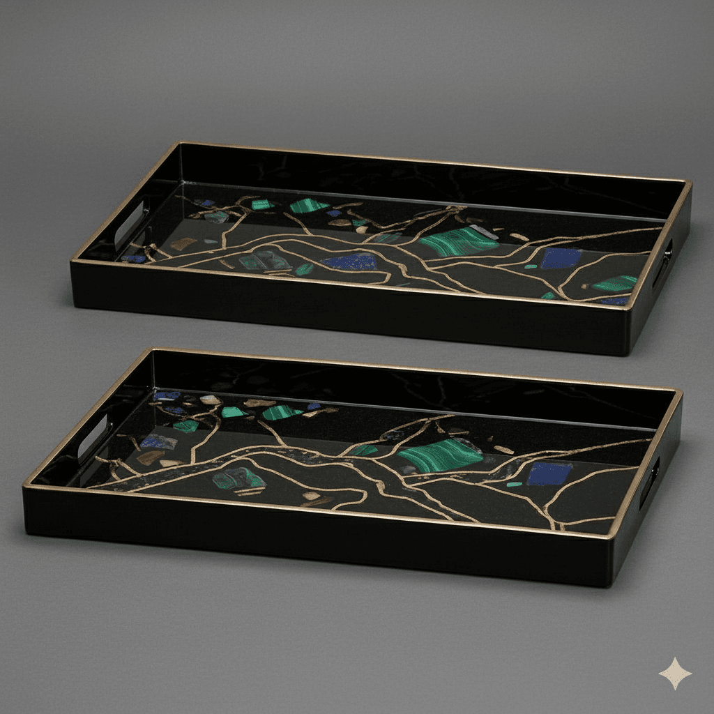 Modern Art Enamel & Stone Inlay Serving Tray Set | Luxury Black & Gold Decor