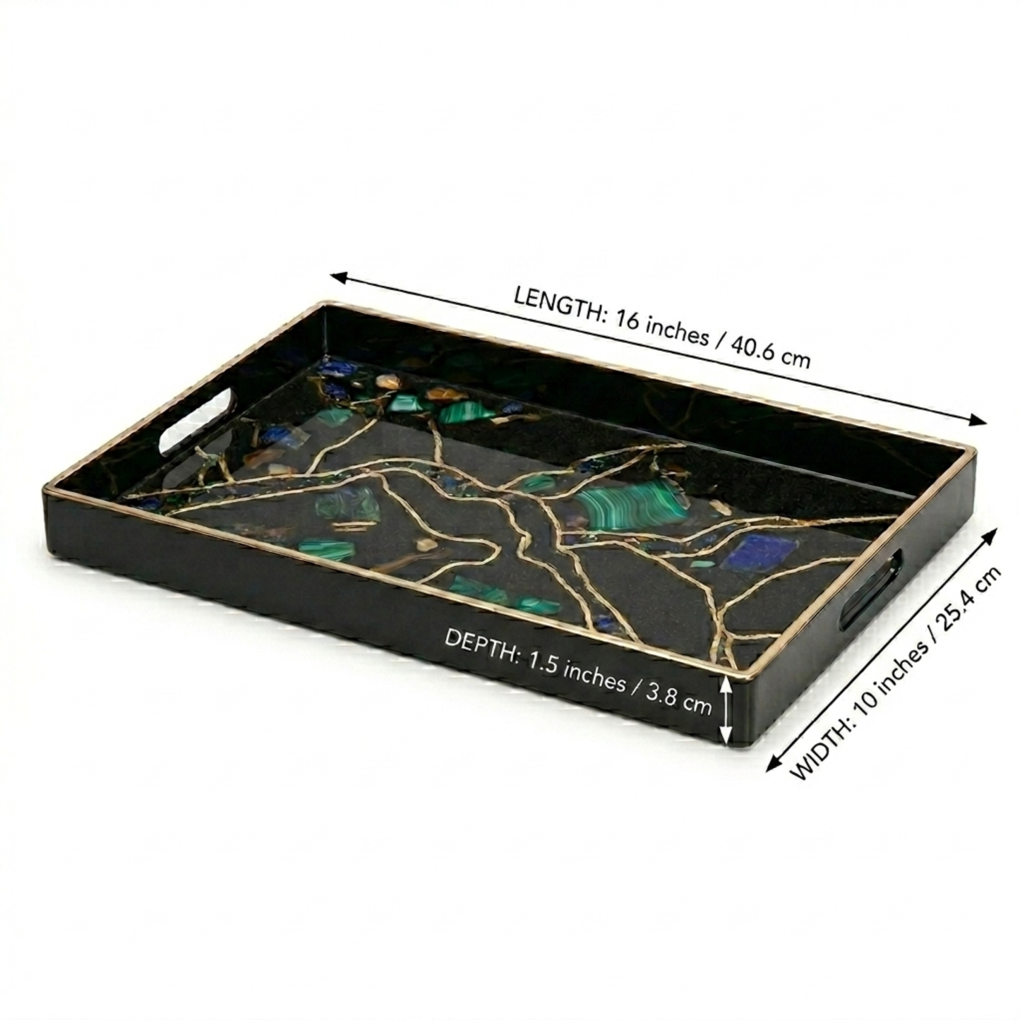 Modern Art Enamel & Stone Inlay Serving Tray Set | Luxury Black & Gold Decor