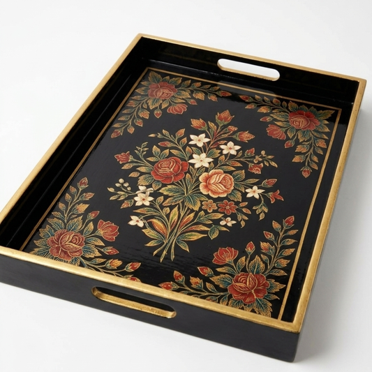 Botanical Enamel Serving Tray | Heritage Black & Gold Accents | 16x10 Inches