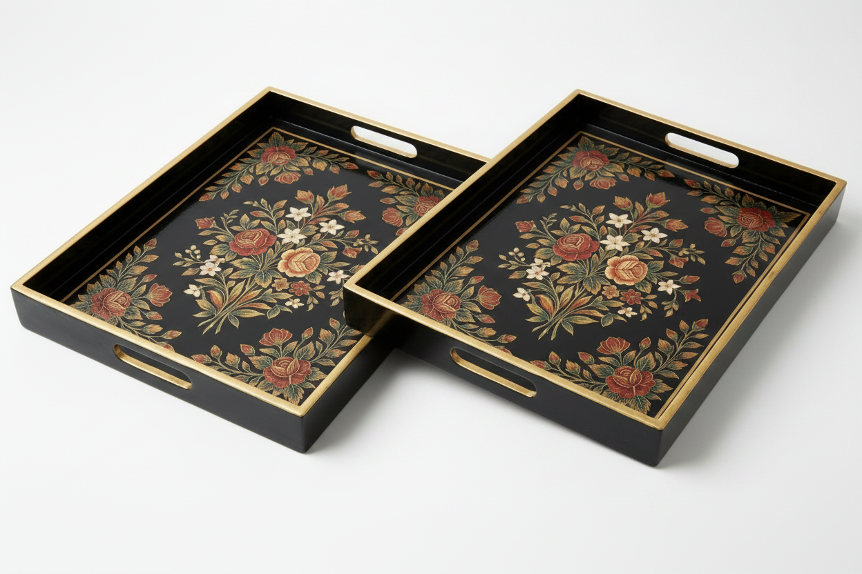 Botanical Enamel Serving Tray | Heritage Black & Gold Accents | 16x10 Inches