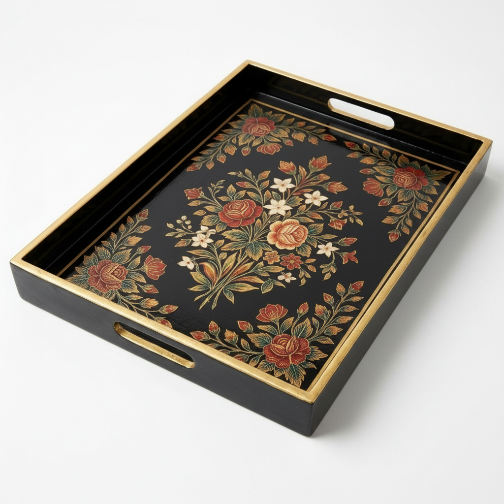 Botanical Enamel Serving Tray | Heritage Black & Gold Accents | 16x10 Inches