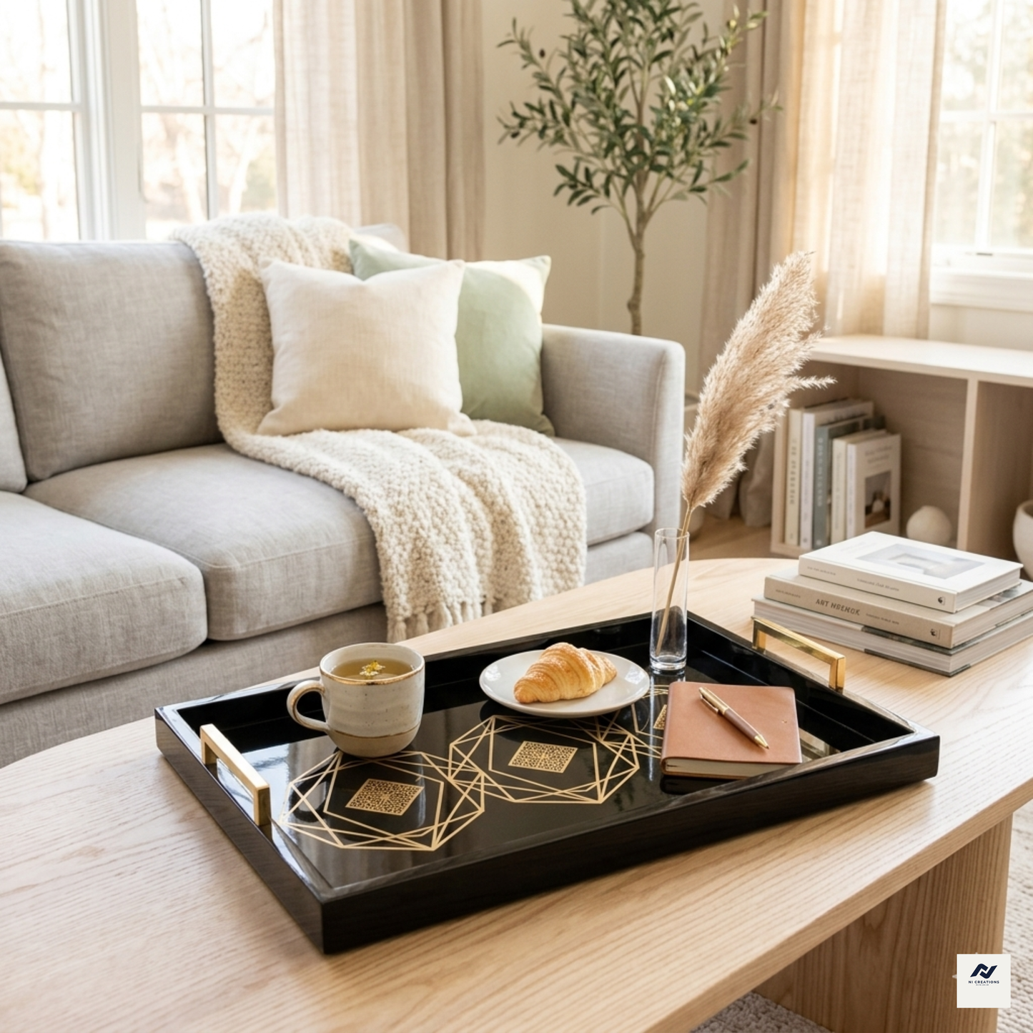 Luxury Black & Gold Geometric Serving Tray – Premium Decorative Metal Serving Tray