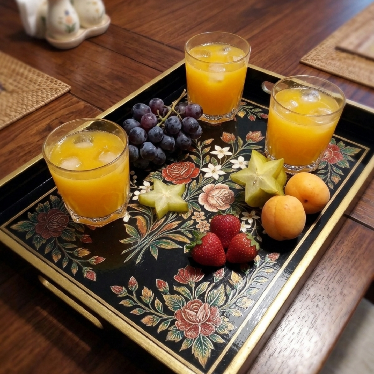 Botanical Enamel Serving Tray | Heritage Black & Gold Accents | 16x10 Inches