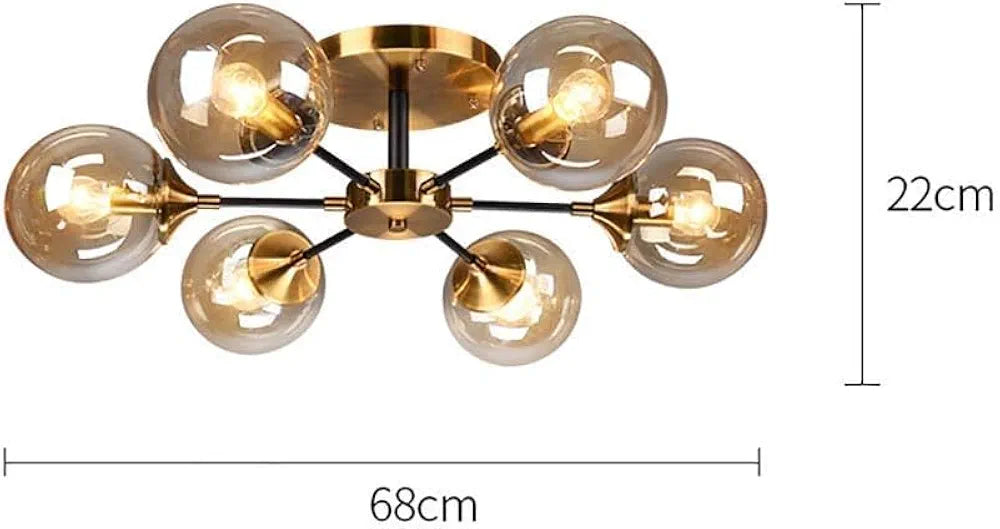 Jhumar Ceiling Chandelier Pendant Light for Home Decoration, Hanging Lights for Living Room Lamp (6 Light Modern Sputnik Black Gold Amber Glass Chandelier with LED Bulb)