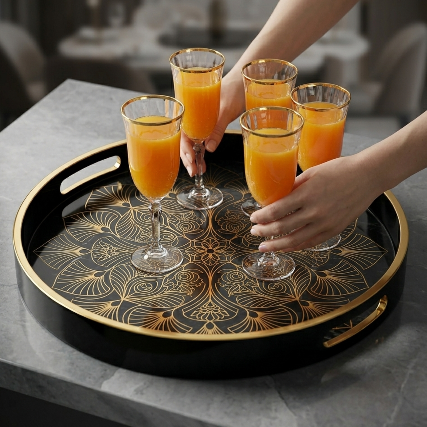 Luxury Black & Gold Round Serving Tray – Premium Decorative Enamel Tray with Handles