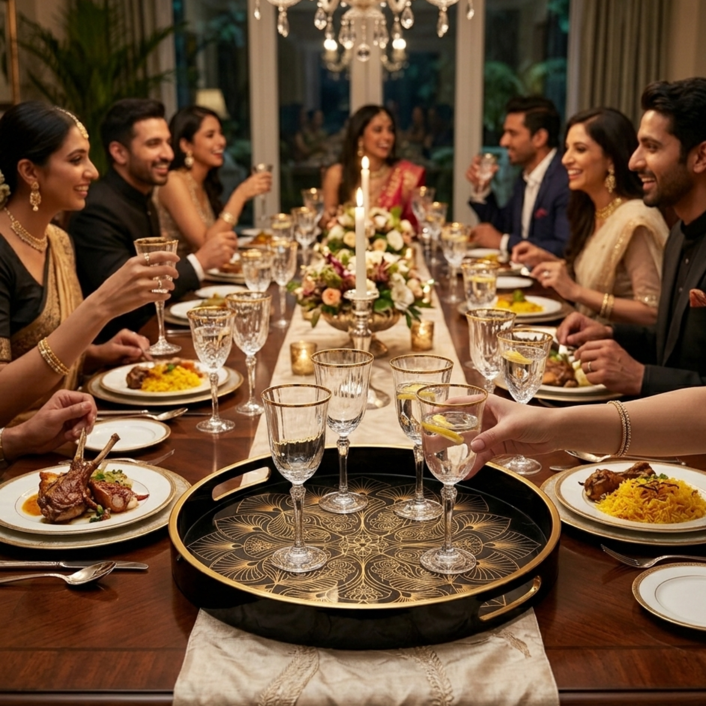 Luxury Black & Gold Round Serving Tray – Premium Decorative Enamel Tray with Handles