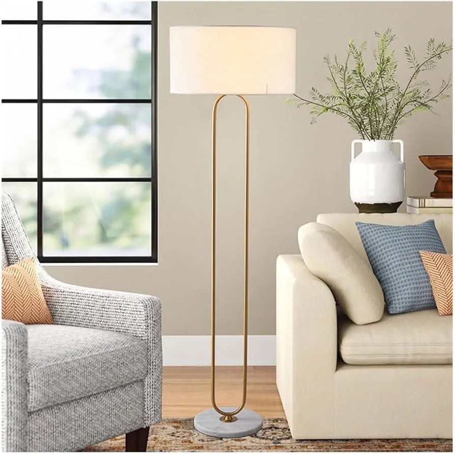 Floor Lamp - White Minimalist Standing Light with Electroplated Polished Vertical Lamp. Modern Indoor Pole Light for Living Room, Bedroom, Balcony, Hotel. Marble Base Table Lamp