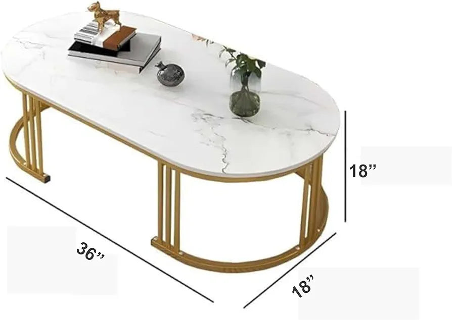 Coffee Table, Center Cocktail Table with Faux Marble Look Tabletop & Metal Frame, Modern Coffee Table for Living Room, Already Assemble