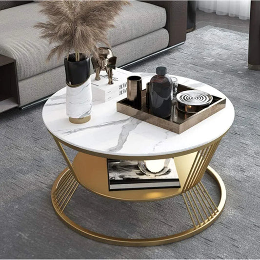 Metal Coffee Table, Round Center Table with Marble Finish and Waterproof Tabletop, Modern Small Sofa Table with Storage Shelf for Living Room Bedroom or Aparrtments