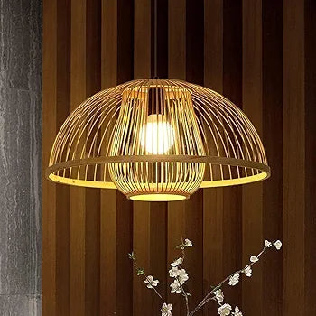 LED Modern Chandelier Lamp, Ceiling Light Rattan Retro Bamboo Dome Shade Pendant Light Decorative Fixtures Hand Woven Round Wood Chandelier,Modern LED Chandelier