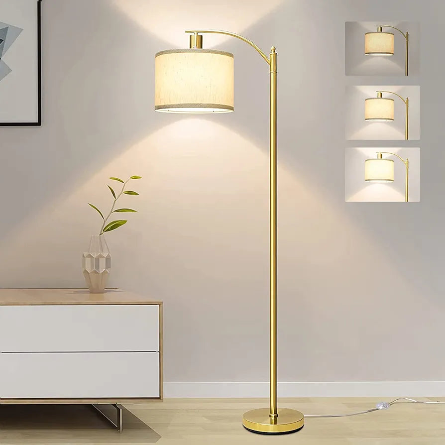 Gold Led Floor Lamp with Dimmer, Fully Dimmable Standing Lamp, Bright Couch Reading Light with Hanging Lampshade and Sturdy Base, Tall Pole Lamp for Living Room, Bedroom, Corner, 8W LED Bulb Included