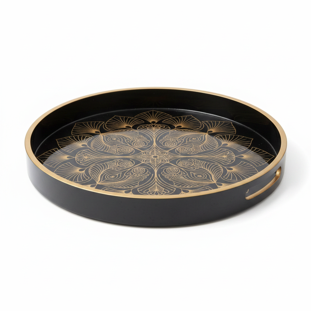 Luxury Black & Gold Round Serving Tray – Premium Decorative Enamel Tray with Handles