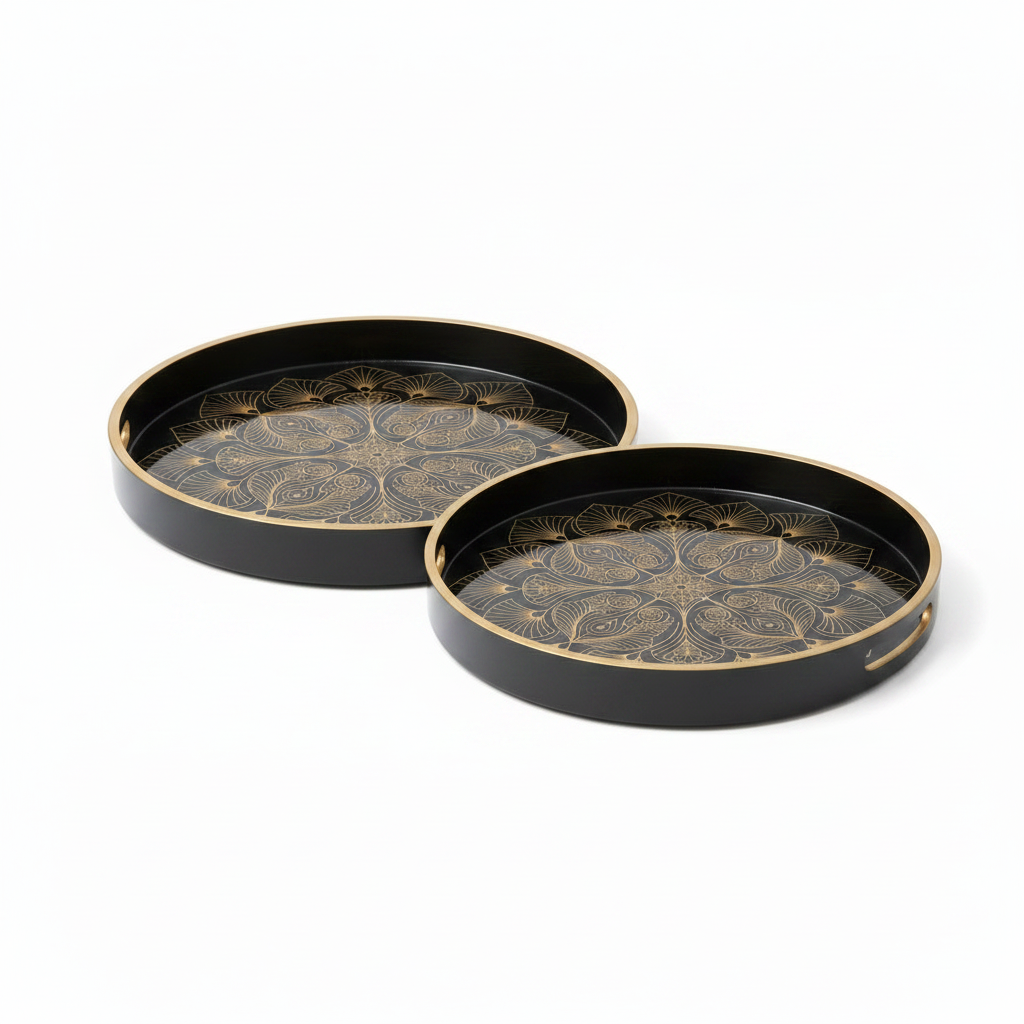 Luxury Black & Gold Round Serving Tray – Premium Decorative Enamel Tray with Handles