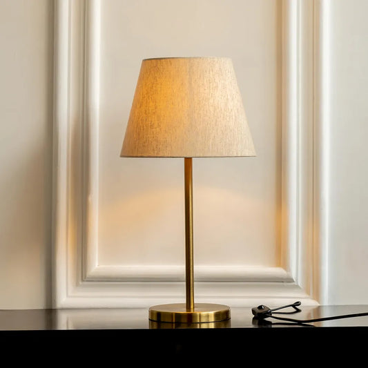 Table Lamp LED, Incandescent Modern Sleek Brass Antique Finish 19 Inches Height With 10 Inches Off White Tapered Lampshade For Bedroom, Living Room, Bedside