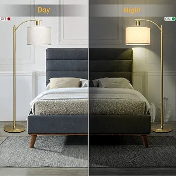 Gold Led Floor Lamp with Dimmer, Fully Dimmable Standing Lamp, Bright Couch Reading Light with Hanging Lampshade and Sturdy Base, Tall Pole Lamp for Living Room, Bedroom, Corner, 8W LED Bulb Included