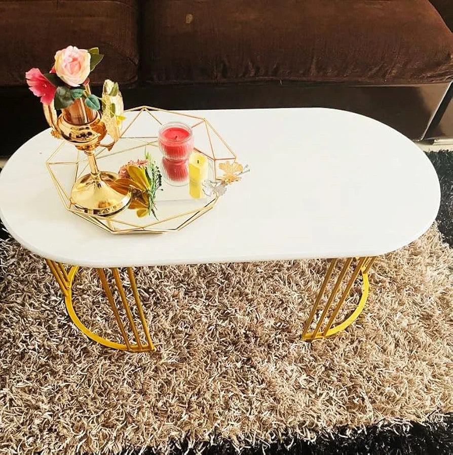 Coffee Table, Center Cocktail Table with Faux Marble Look Tabletop & Metal Frame, Modern Coffee Table for Living Room, Already Assemble