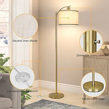 Gold Led Floor Lamp with Dimmer, Fully Dimmable Standing Lamp, Bright Couch Reading Light with Hanging Lampshade and Sturdy Base, Tall Pole Lamp for Living Room, Bedroom, Corner, 8W LED Bulb Included