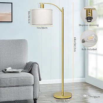 Gold Led Floor Lamp with Dimmer, Fully Dimmable Standing Lamp, Bright Couch Reading Light with Hanging Lampshade and Sturdy Base, Tall Pole Lamp for Living Room, Bedroom, Corner, 8W LED Bulb Included