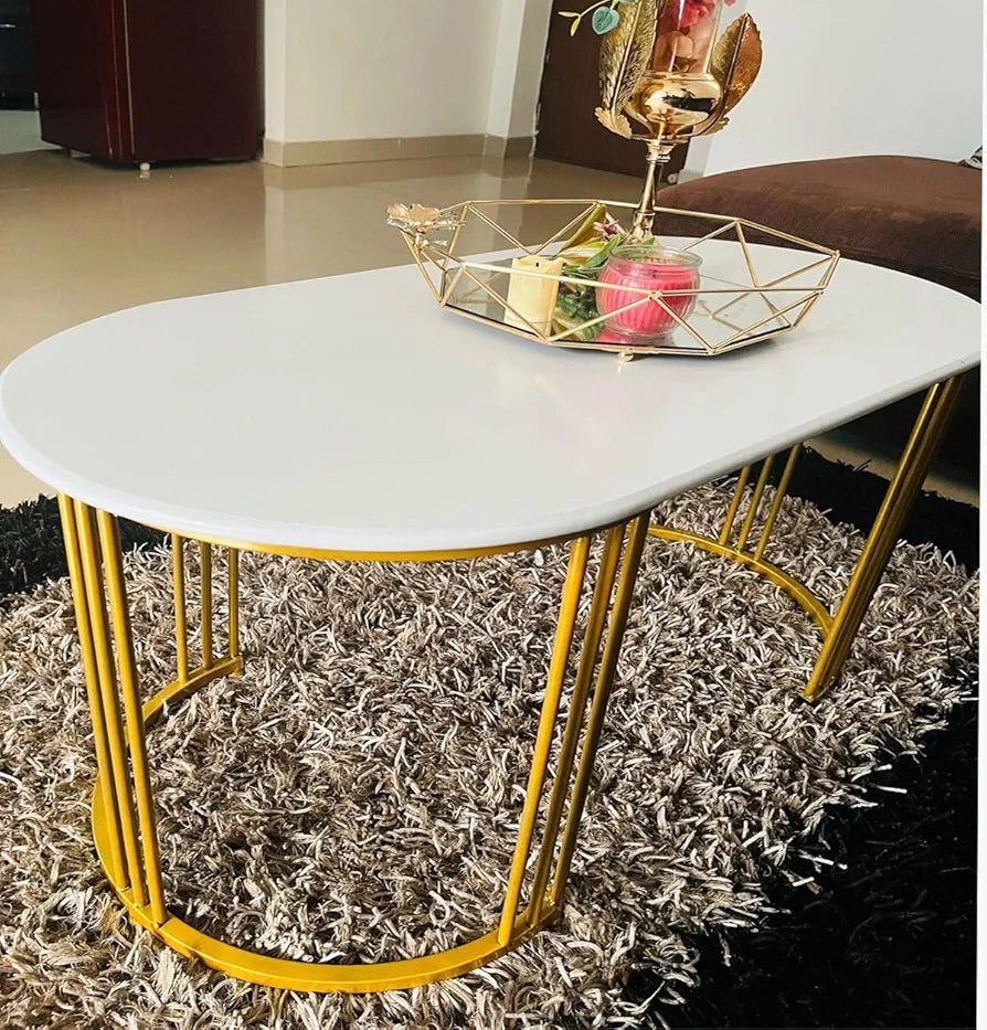 Coffee Table, Center Cocktail Table with Faux Marble Look Tabletop & Metal Frame, Modern Coffee Table for Living Room, Already Assemble