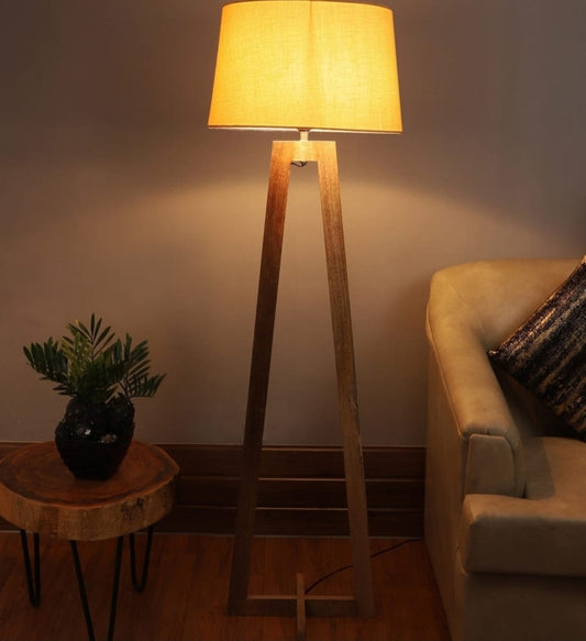 Buy Modern White Fabric Shade Floor Lamp with Solid Wood Base – Premium Standing Light for Living Room & Bedroom