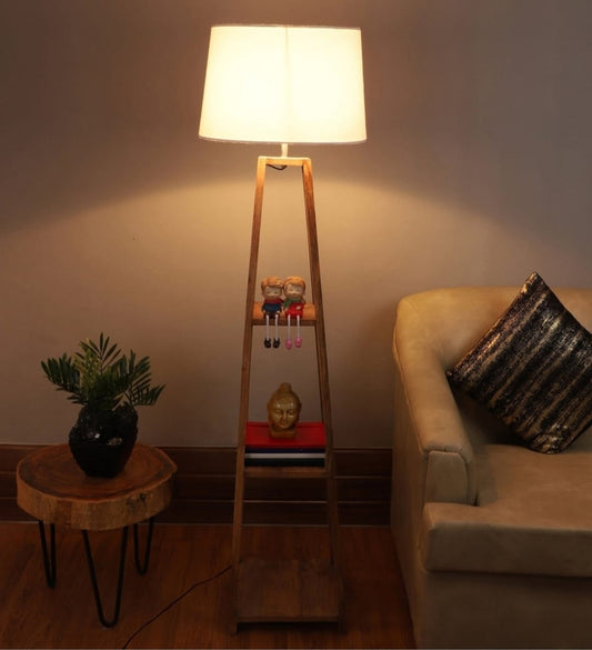Classic Wooden Floor Lamp with 3 Shelves – Elegant Storage Lighting