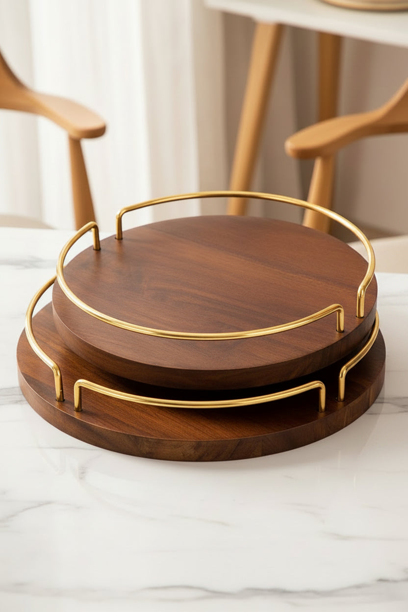 Artisan Walnut Wood Serving Tray Set with Metal Gold Plated Handles