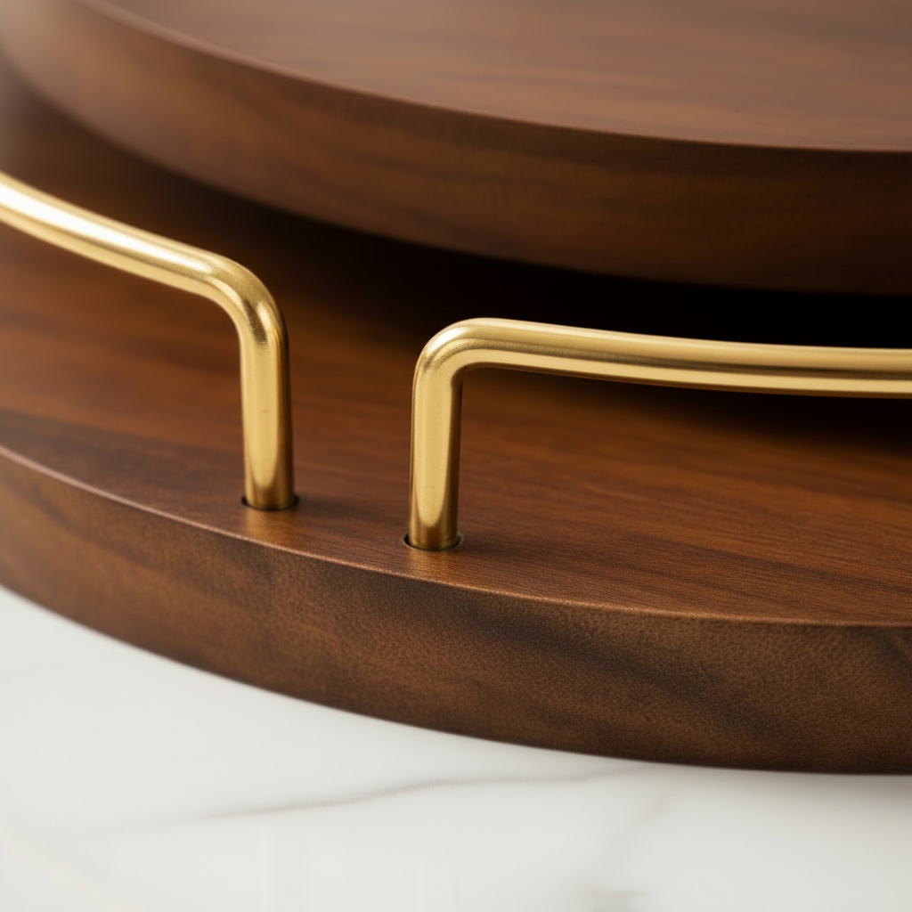 Artisan Walnut Wood Serving Tray Set with Metal Gold Plated Handles