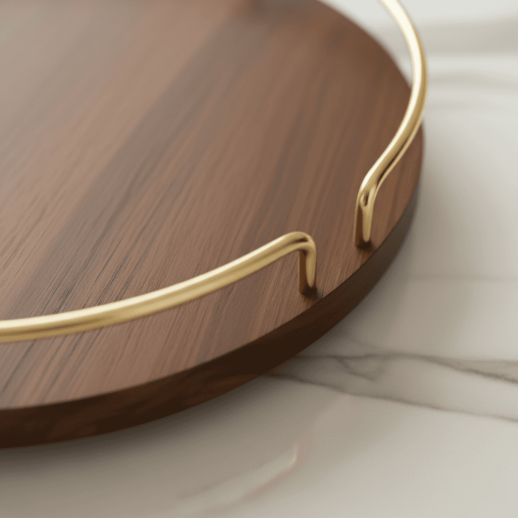Wooden tray with gold rim on a kitchen counter
