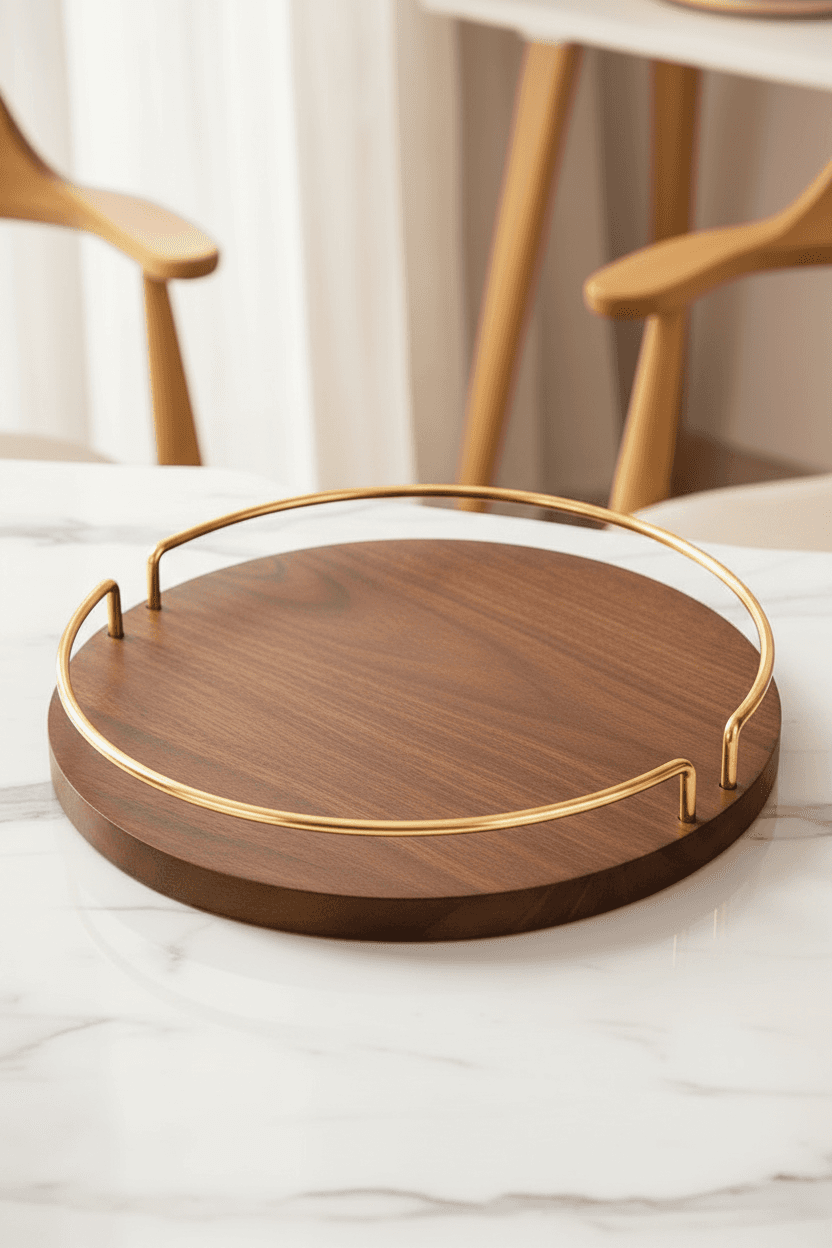 Artisan Walnut Wood Serving Tray Set with Metal Gold Plated Handles