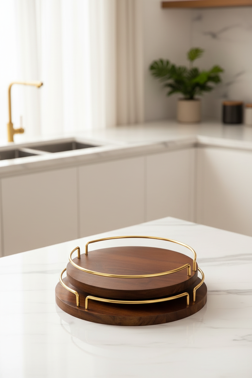 Artisan Walnut Wood Serving Tray Set with Metal Gold Plated Handles