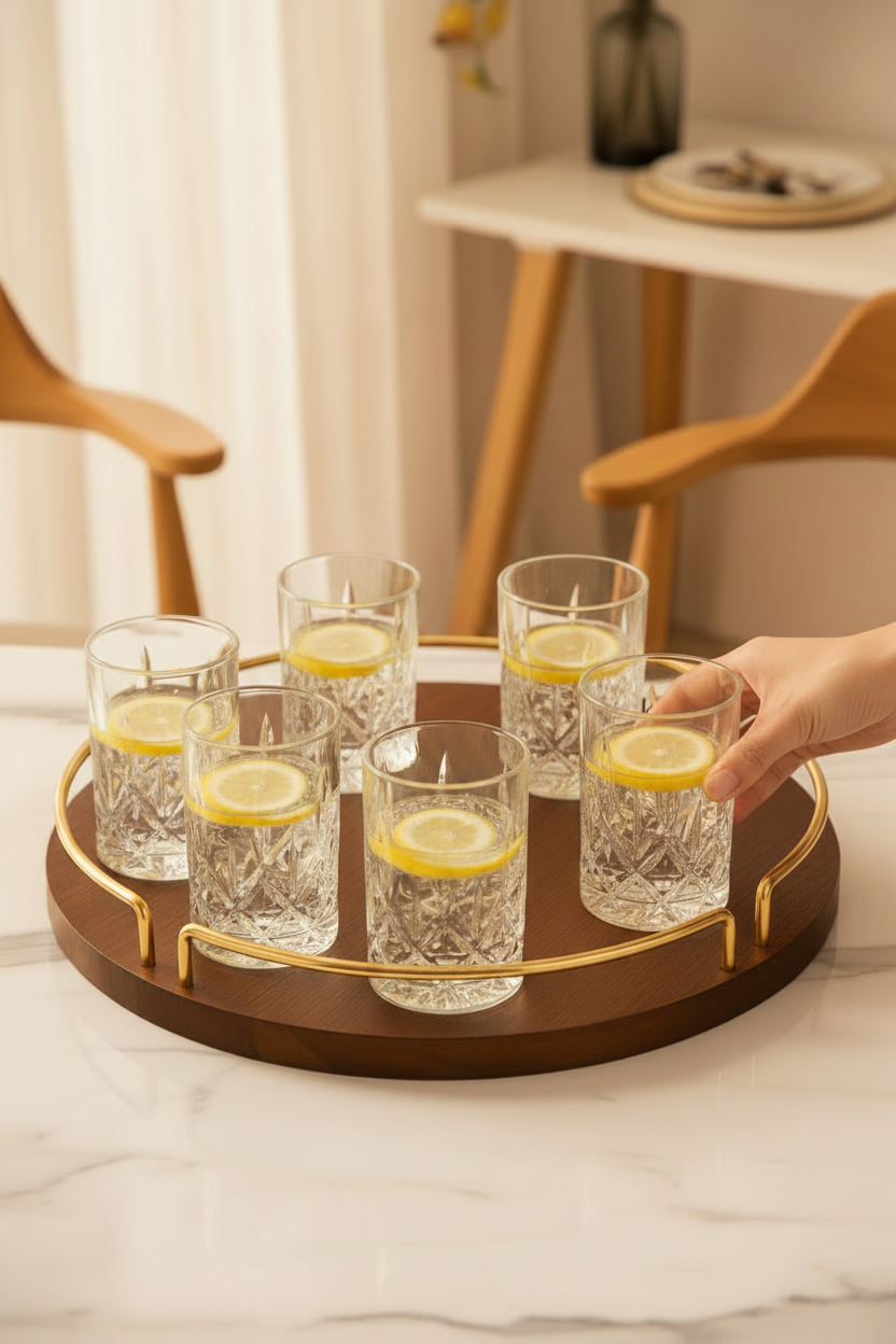 Artisan Walnut Wood Serving Tray Set with Metal Gold Plated Handles