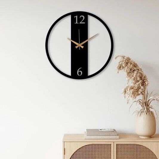 Modern N I CREATIONS analog wall clock with a black and white design and elegant gold hands