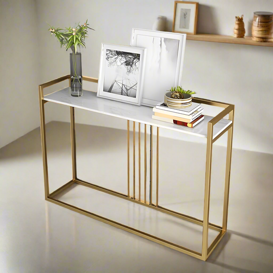 Stylish Console Table | Engineered Wood Top & Golden Iron Frame | Entryway Table | Hallway Table | Narrow Console Table – A Touch of Modern Elegance