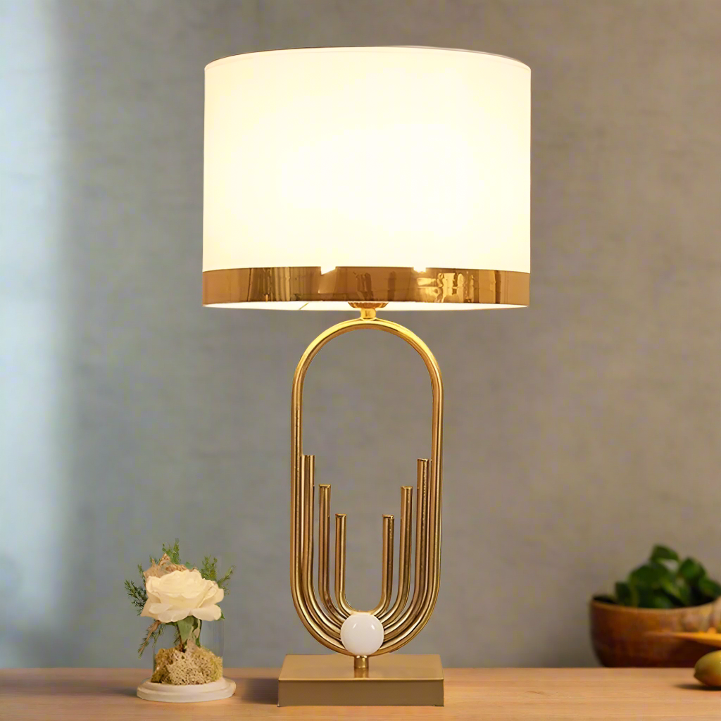 Metal Table Lamp with Drum Shade | Elegant Modern Bedside & Desk Lamp for Bedroom, Living Room, Hotel & Study Room | Antique Gold Finish