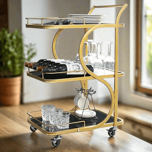Stylish gold Bar Trolley featuring multiple shelves with wine glasses and bottles for home decor