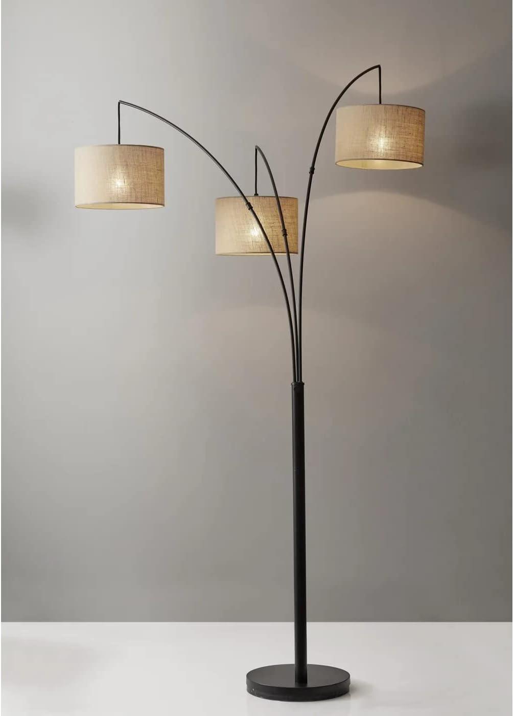 Black and beige floor lamp close-up – textured burlap lampshade