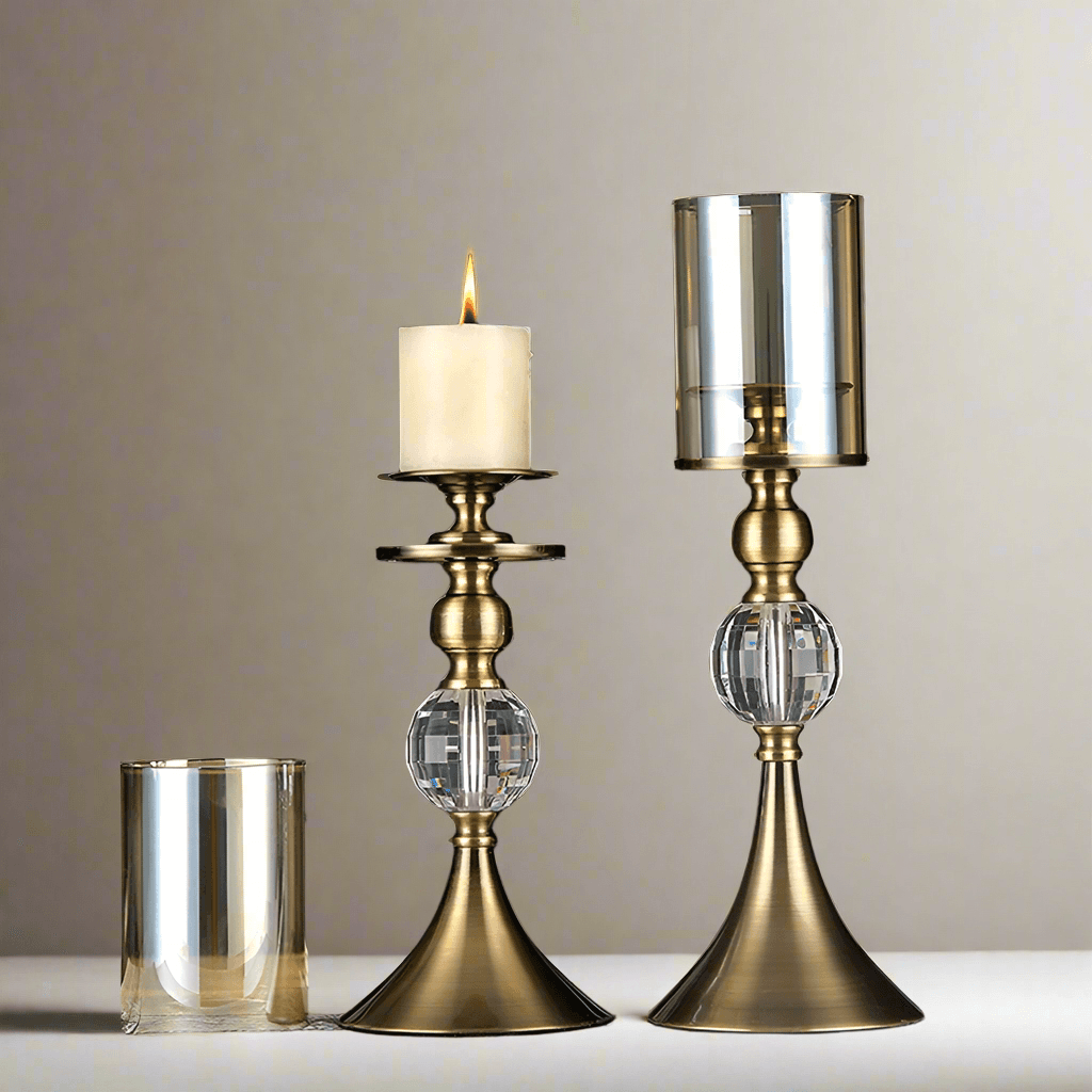 Elegant N I CREATIONS candle holder set featuring two stylish designs with glass and metal elements