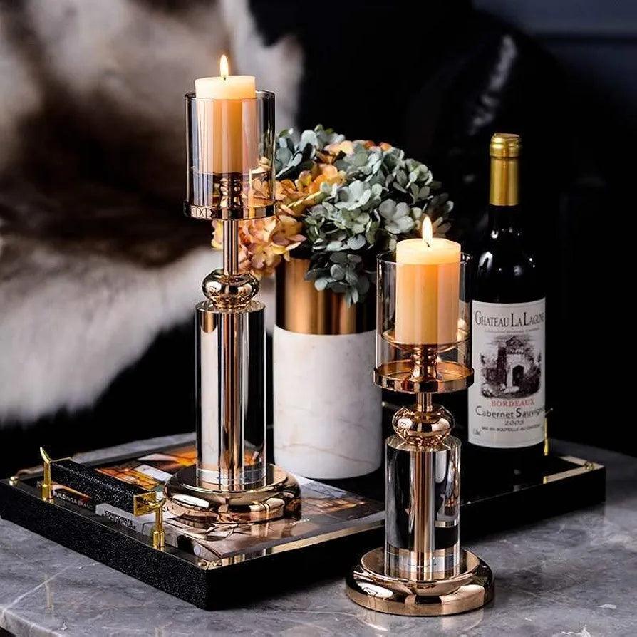 Elegant N I CREATIONS candle holders stand with warm candlelight on a stylish tabletop