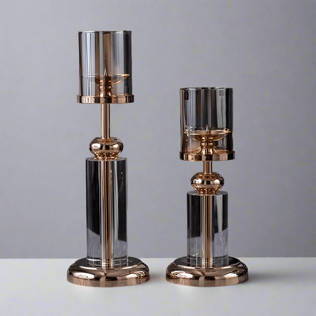 Elegant N I CREATIONS candle holders stand in crystal and rose gold, perfect for home decoration