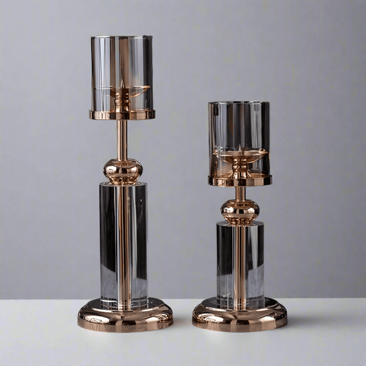 Elegant N I CREATIONS candle holders stand in crystal and rose gold, perfect for home decoration