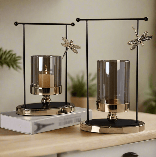N I CREATIONS decorative candlestick holder pillar with elegant black and gold design featuring glass detail